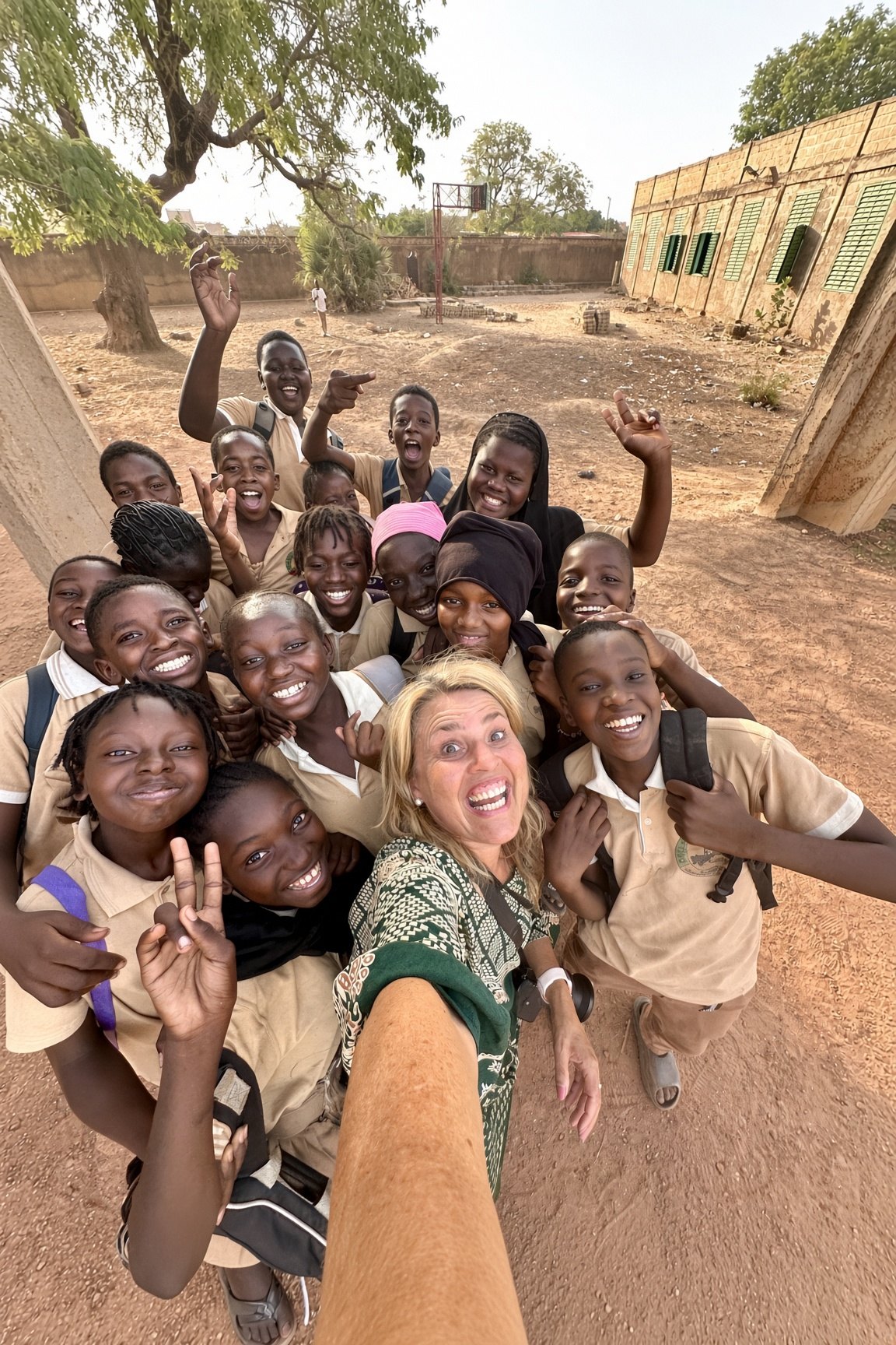 Susi Childers with schoolchildren